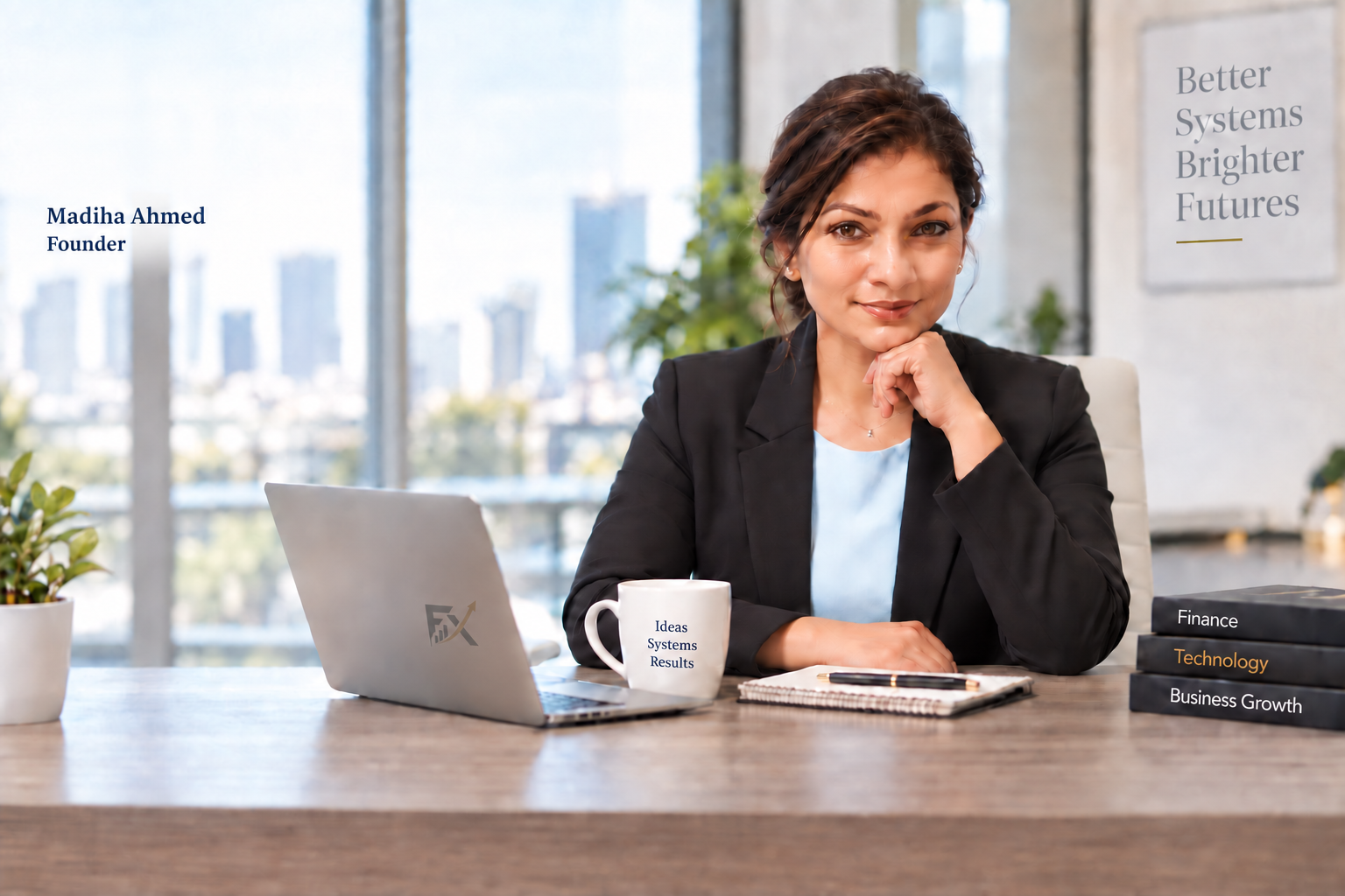 Madiha Ahmed, Founder of FinOpeX Solutions Inc., with company logo and original office details